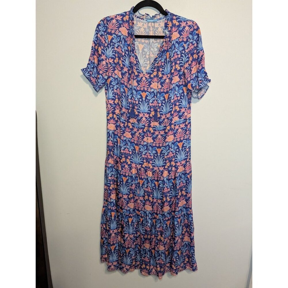 J. McLaughlin XS Dress Chessie Silk Blend Blue Floral Tiered Stained Glass Boho